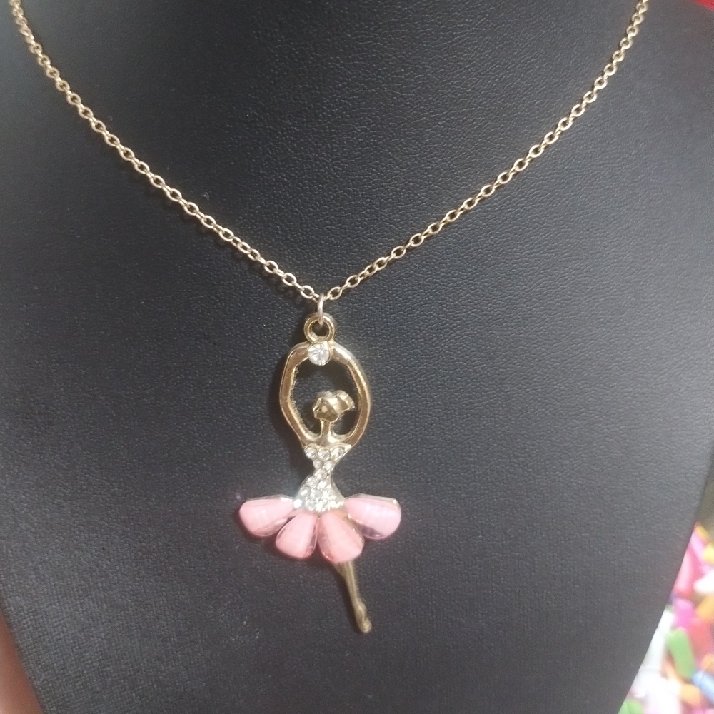 Elegant Gold and Pink Ballerina Pendant Necklace